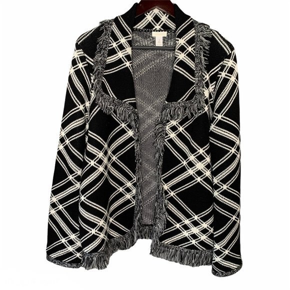 Chico's Posh Plaid Open Front Fringed Cardigan Sweater - Picture 1 of 11
